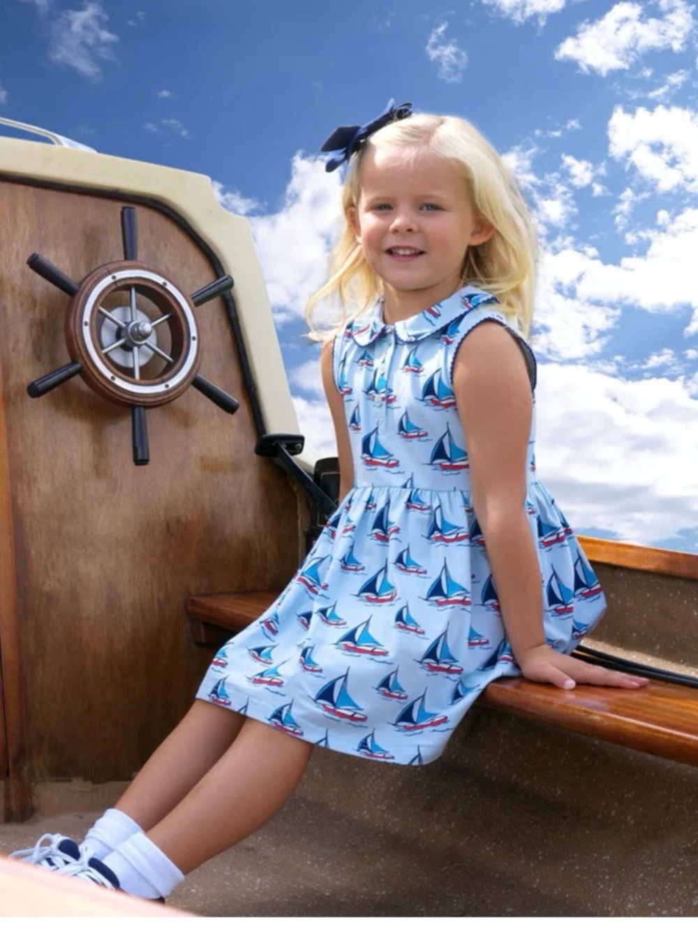 Rachel Riley Light Blue Sailboat Print Collared Girls Dress
